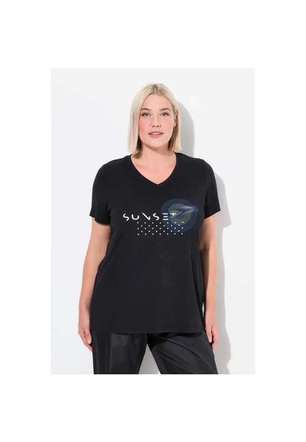 ULLA POPKEN - Damskie Bluzka funkcyjna szybkoschnąca dekolt w serek rękaw 1/2. Typ kołnierza: dekolt w serek. Kolekcja: plus size. Kolor: czarny. Materiał: poliester, materiał, elastan