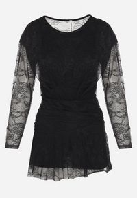 Born2be - Czarna Sukienka Koronkowa z Gumką w Talii Naplisa. Kolor: czarny. Materiał: koronka. Styl: elegancki