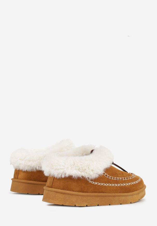 Born2be - Brązowe Śniegowce na Grubej Podeszwie z Futerkiem i Przeszciami Linafra. Okazja: na co dzień. Kolor: brązowy. Materiał: futro. Styl: casual, elegancki