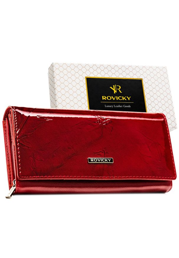 ROVICKY - Portfel damski lakierowany czerwony duży ze skóry naturalnej i ekologicznej ochrona RFID Rovicky RPN-28-YM. Kolor: czerwony. Materiał: lakier