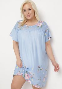 Born2be - Niebieska Koszula Nocna w Kwiatowy Wzór z Krótkim Rękawem Seliaane. Kolekcja: plus size. Kolor: niebieski. Długość: krótkie. Wzór: kwiaty #4