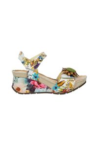 Sandały Laura Vita Barry 36 Beige 202058, Beżowy, Skóra naturalna - 38. Okazja: na co dzień. Zapięcie: rzepy. Kolor: beżowy. Materiał: skóra. Wzór: kwiaty, aplikacja, kolorowy. Obcas: na koturnie. Styl: elegancki, casual. Wysokość obcasa: średni #1