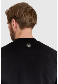 Philipp Plein - PHILIPP PLEIN Czarny męski t-shirt z czaszką zdobioną dżetami. Kolor: czarny. Wzór: aplikacja #3
