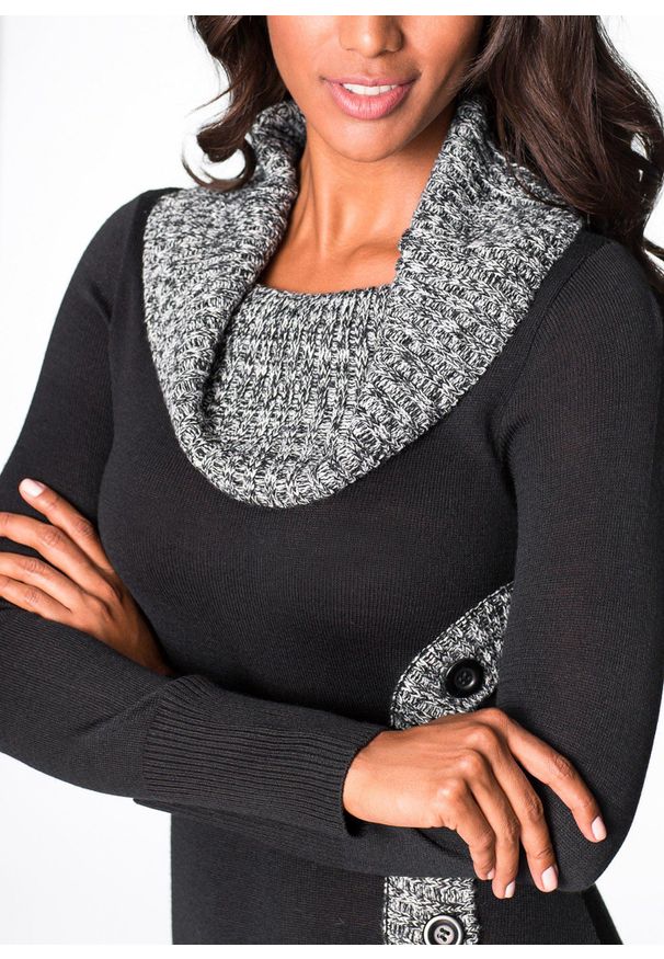 bonprix - Dopasowana sukienka dzianinowa z szalowym kołnierzem. Typ kołnierza: golf. Kolor: czarny. Materiał: dzianina. Długość rękawa: długi rękaw. Wzór: melanż. Styl: elegancki