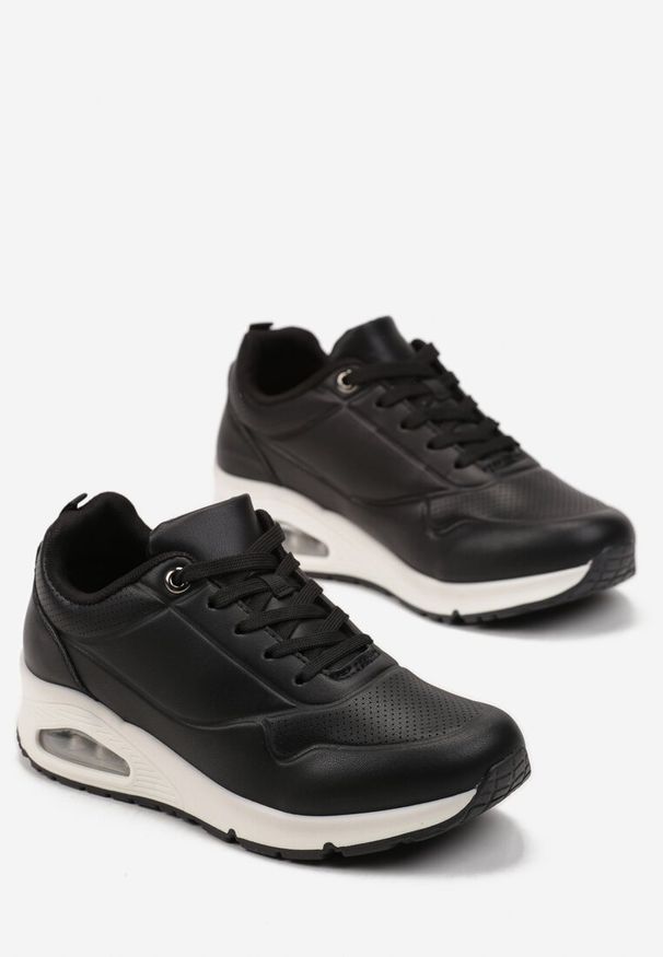 Renee - Czarno-Białe Sneakersy z Imitacji Skóry na Podeszwie Air ze Sznurowaniem Nirele. Okazja: na spacer. Kolor: czarny. Materiał: skóra. Obcas: na płaskiej podeszwie. Sport: turystyka piesza