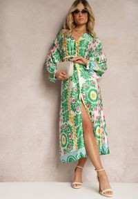 Renee - Zielona Pudełkowa Sukienka z Satynowej Tkaniny w Ornamentalny Wzór Allilena. Kolor: zielony. Materiał: satyna, tkanina #5
