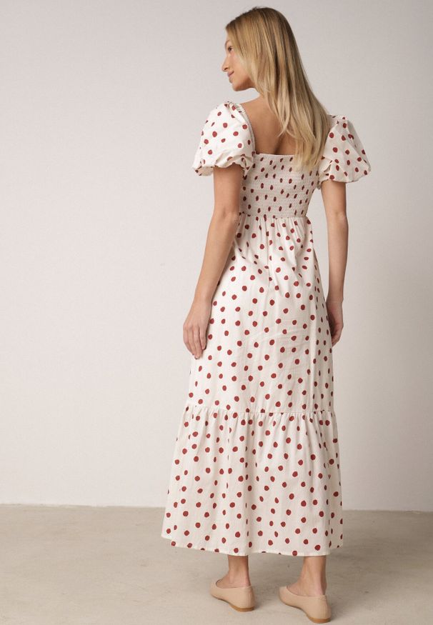 Born2be - Beżowa Sukienka Bawełniana o Rozkloszowanym Kroju z Bufiastymi Rękawami w Groszki Lorairian. Kolor: beżowy. Materiał: bawełna. Wzór: grochy. Styl: klasyczny