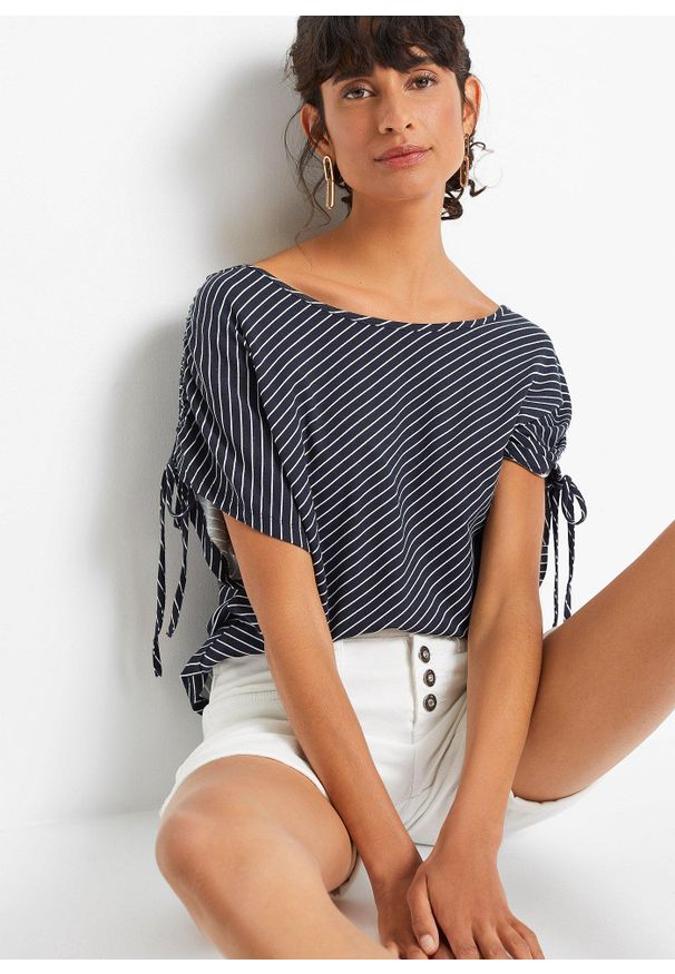 bonprix - T-shirt z miękkiej wiskozy. Kolor: niebieski. Materiał: wiskoza. Wzór: paski