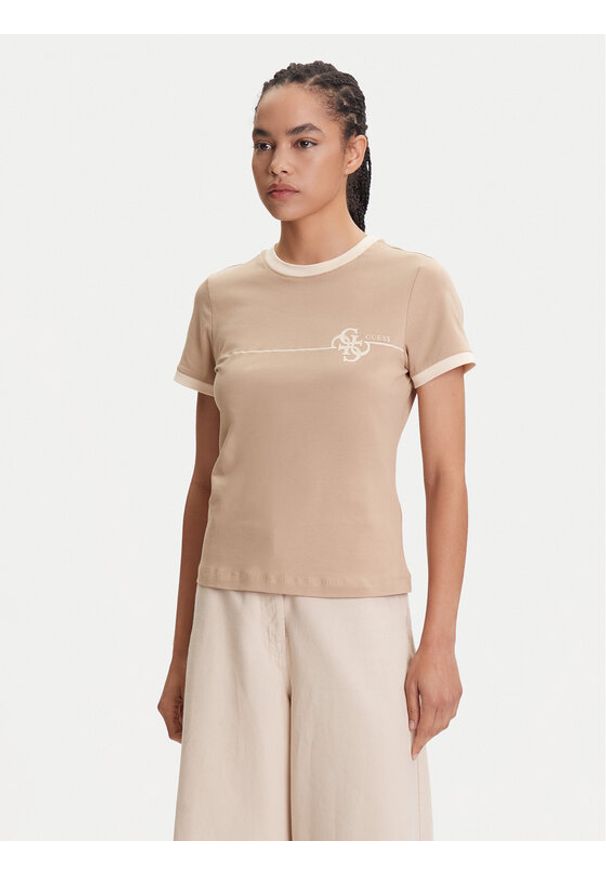 Guess T-Shirt V5YI01 J1314 Beżowy Regular Fit. Kolor: beżowy. Materiał: bawełna