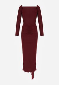 Born2be - Bordowa Dopasowana Sukienka z Ozdobnym Marszczeniem Trenem i Rozcięciem Alutria. Okazja: na wesele, na ślub cywilny. Kolor: czerwony. Długość rękawa: długi rękaw. Typ sukienki: dopasowane #7