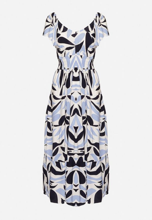 Born2be - Niebieska Wiskozowa Sukienka Rozkloszowana Zdobiona Geometrycznym Printem Niserias. Okazja: na spacer, na co dzień. Typ kołnierza: dekolt w kształcie V. Kolor: niebieski. Wzór: geometria, nadruk, aplikacja. Typ sukienki: rozkloszowane. Materiał: wiskoza. Długość rękawa: krótki rękaw. Sezon: lato. Styl: casual, elegancki
