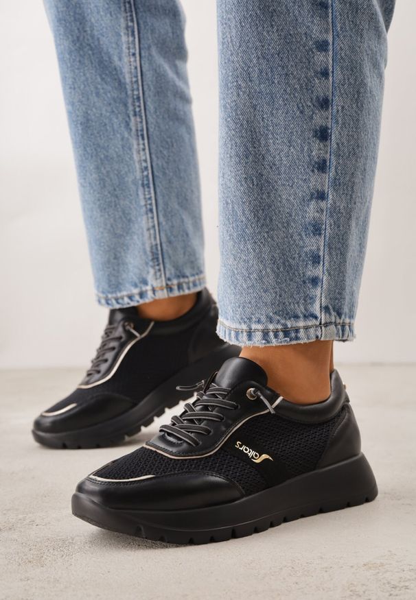 Born2be - Czarne Sneakersy na Grubej Podeszwie ze Skórzaną Wkładką i Napisem Airarge. Okazja: na co dzień. Zapięcie: sznurówki. Kolor: czarny. Materiał: skóra. Wzór: napisy