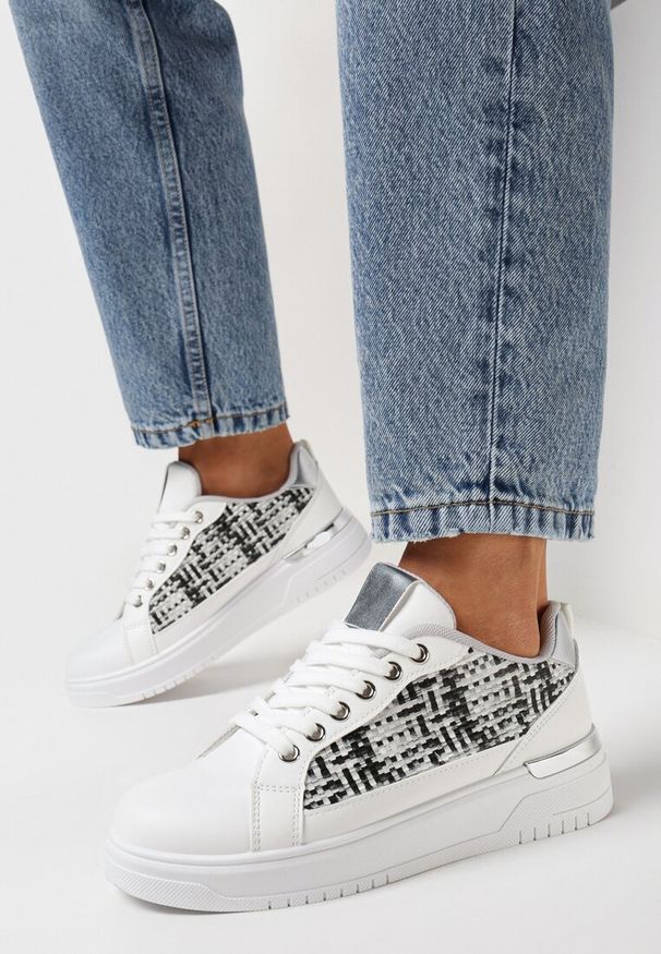 Born2be - Biało-Szare Sneakersy z Tweedową Wstawką Ecafa. Wysokość cholewki: przed kostkę. Kolor: biały. Szerokość cholewki: normalna. Obcas: na płaskiej podeszwie