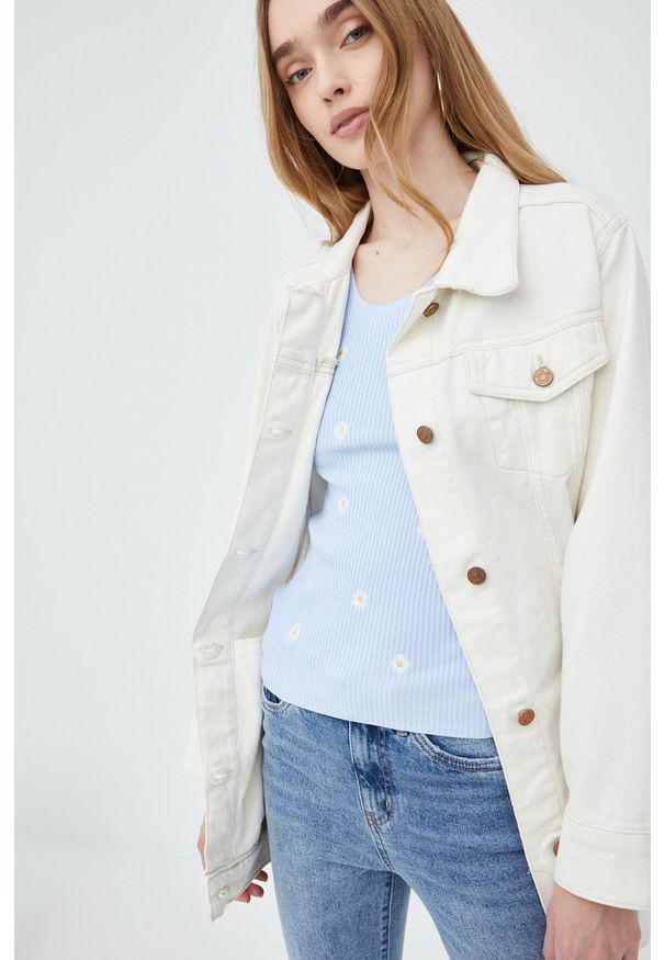 Brave Soul kurtka jeansowa damska kolor beżowy przejściowa. Okazja: na co dzień. Kolor: beżowy. Materiał: jeans. Styl: casual
