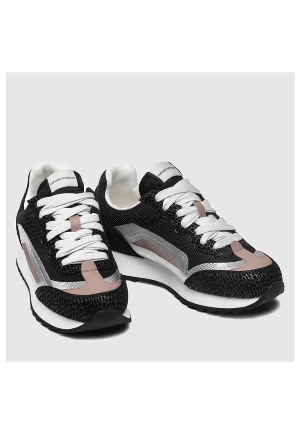 Emporio Armani - EMPORIO ARMANI Czarne sneakersy damskie ze srebrnymi elementami, Rozmiar 36. Kolor: czarny. Materiał: materiał, zamsz, skóra. Szerokość cholewki: normalna