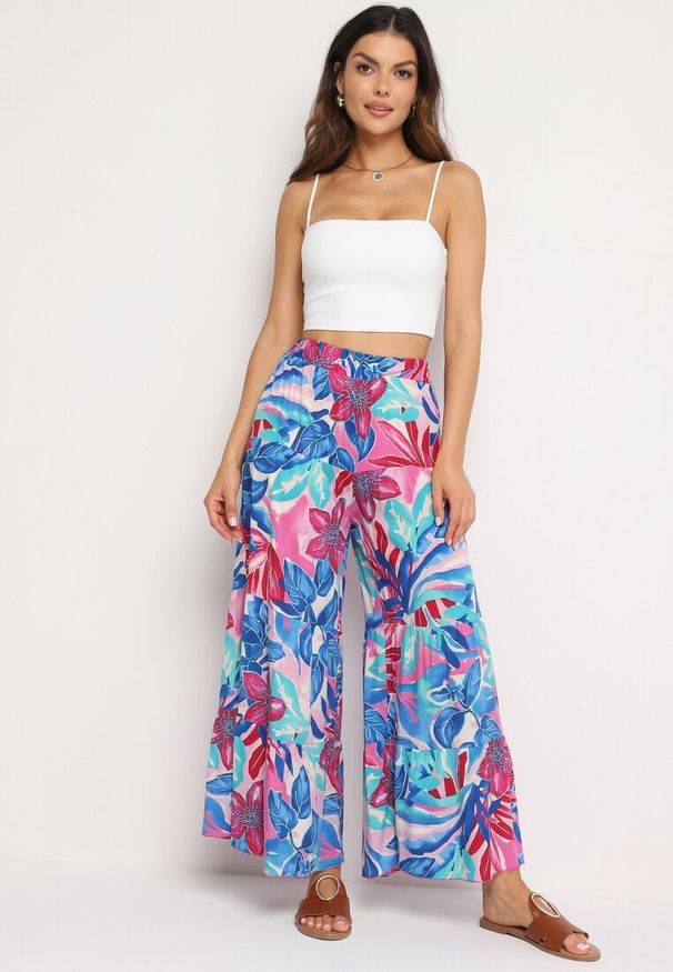 Born2be - Niebiesko-Różowe Spodnie Wiskozowe Palazzo z Wysokim Stanem i Gumką w Pasie Nasone. Okazja: na co dzień. Stan: podwyższony. Kolor: niebieski. Materiał: wiskoza. Długość: długie. Styl: klasyczny, casual