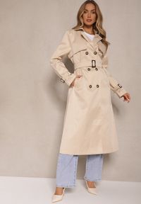 Renee - Jasnobeżowy Płaszcz w Stylu Trencza z Paskiem i Klamrą Sinthelle. Okazja: do pracy, na co dzień. Kolor: beżowy. Styl: casual, elegancki