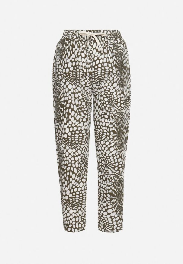 Born2be - Zielono-Białe Spodnie Regular z Gumką w Talii i Abstrakcyjnym Dekoltem Cleava. Okazja: na co dzień. Kolor: zielony. Materiał: tkanina. Sezon: lato. Styl: elegancki, casual, klasyczny