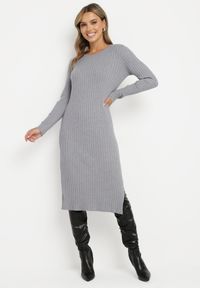 Born2be - Szara Sukienka Sweterkowa z Wiskozą Ozdobiona z Boku Rozcięciami Ninnoriel. Okazja: na co dzień. Kolor: szary. Materiał: wiskoza. Wzór: aplikacja. Typ sukienki: proste. Styl: klasyczny, casual, elegancki #1