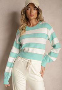 Renee - Biało-Miętowy Sweter w Poziome Pasy z Przeszyciami Metalicznej Nitki Zinfarra. Okazja: na co dzień. Kolor: biały. Materiał: jeans. Długość rękawa: długi rękaw. Długość: długie. Sezon: jesień, zima. Styl: casual
