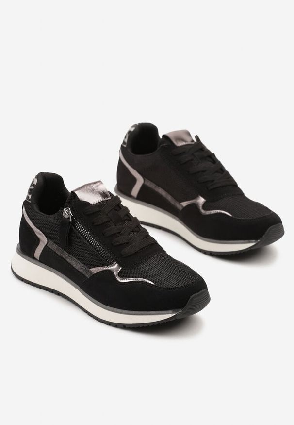 Born2be - Czarne Sneakersy z Metalicznymi Wstawkami i Ozdobnym Suwakiem Alanatia. Okazja: na co dzień. Kolor: czarny. Materiał: jeans