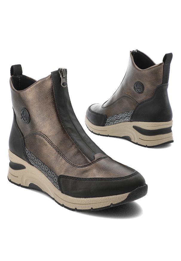 Brązowe Botki Rieker Stylowe Obuwie Damskie. Okazja: na co dzień. Zapięcie: zamek. Kolor: brązowy. Materiał: materiał. Styl: elegancki