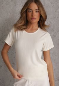 Renee - Jasnobeżowy T-shirt Basic z Okrągłym Dekoltem Dolea. Okazja: na co dzień. Kolor: beżowy. Materiał: jeans. Długość: krótkie. Wzór: gładki. Styl: casual #5