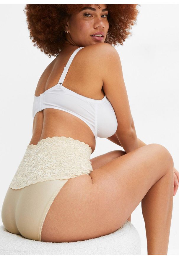 bonprix - Figi shape (2 pary), silny stopień modelowania sylwetki. Kolor: beżowy. Materiał: koronka. Wzór: koronka