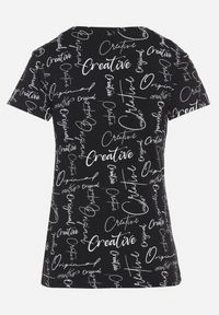 Born2be - Czarny T-shirt z Bawełny Zdobiony Nadrukiem z Napisami Mirindela. Okazja: na co dzień. Kolor: czarny. Materiał: bawełna. Wzór: napisy, aplikacja, nadruk. Styl: klasyczny, elegancki, casual #3