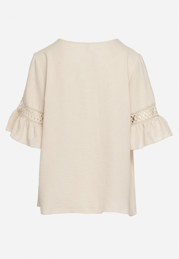 Born2be - Beżowa Bluzka o Luźnym Kroju z Koronkowymi Wstawkami na Rękawach Lennera. Okazja: na co dzień. Kolor: beżowy. Materiał: koronka. Styl: casual