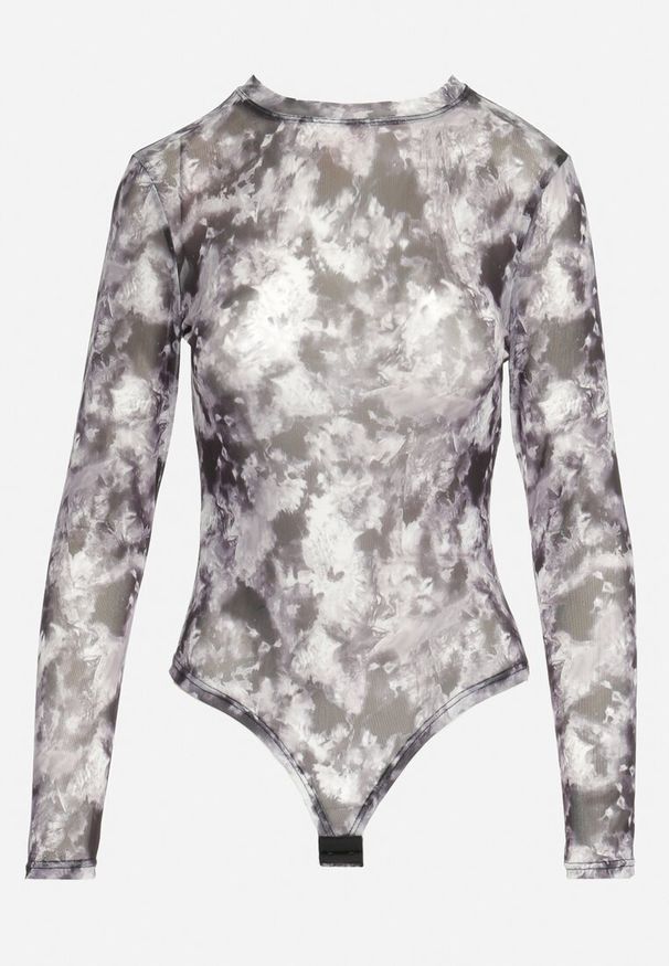 Born2be - Czarno-Szare Siateczkowe Body z Długimi Rękawami i Wzorem Tie-Dye Lenvoria. Kolor: czarny. Materiał: jeans, materiał. Długość rękawa: długi rękaw. Długość: długie. Wzór: aplikacja