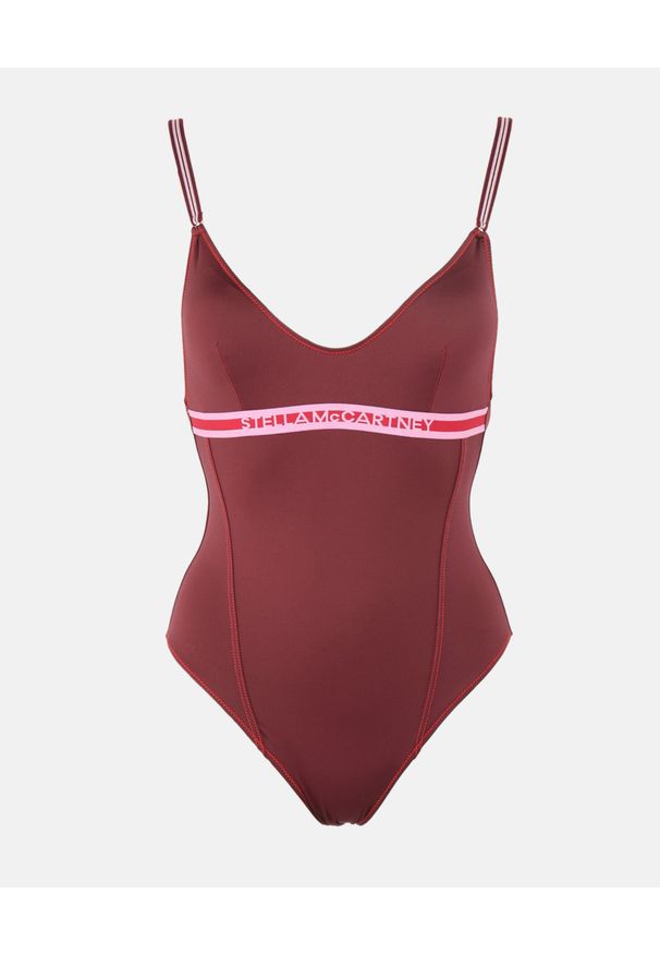 Stella McCartney - STELLA MCCARTNEY - Bordowy strój kąpielowy Logo Tape. Kolor: czerwony. Materiał: tkanina. Wzór: paski