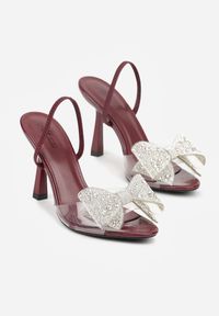 Renee - Bordowe Transparentne Sandały na Klepsydrowej Szpilce z Kokardą i Cyrkoniami Feralia. Okazja: na imprezę. Kolor: czerwony. Materiał: jeans. Sezon: wiosna. Styl: elegancki #4