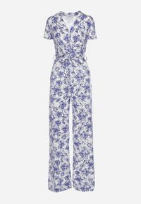 Born2be - Biało-Niebieski Kombinezon w Kwiaty z Krótkim Rękawem i Dekoltem w Serek z Długimi Nogawkami Nestaanne. Okazja: na co dzień. Kolor: biały. Materiał: jeans. Długość rękawa: krótki rękaw. Długość: krótkie. Wzór: kwiaty. Styl: wizytowy, casual, elegancki #5