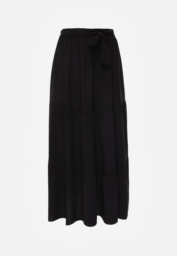 Renee - Czarna Rozkloszowana Spódnica Maxi z Wiskozy z Materiałowymi Paskami Wintelis. Okazja: na imprezę, na co dzień, na spotkanie biznesowe. Kolor: czarny. Materiał: materiał, wiskoza. Wzór: kolorowy, paski. Sezon: lato. Styl: wakacyjny, casual, biznesowy, elegancki