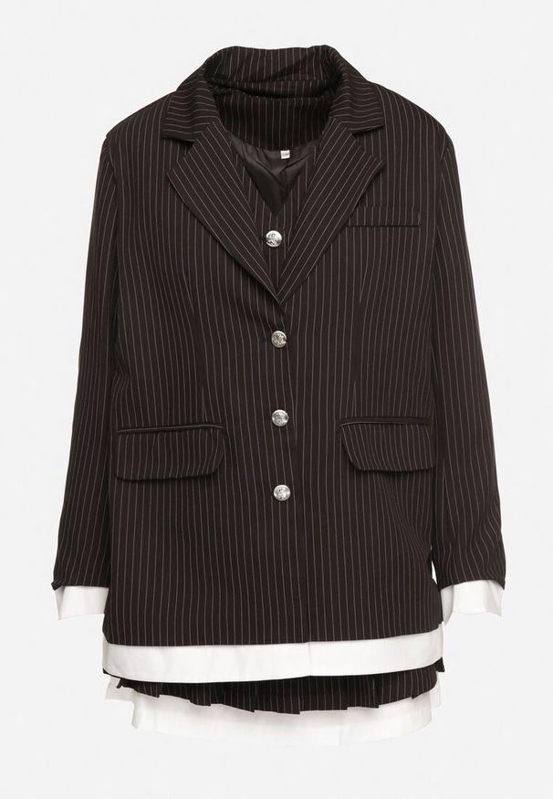 Born2be - Czarny Komplet w Delikatne Paseczki Plisowana Spódnica Kamizelka i Marynarka Dassemi. Kolor: czarny. Wzór: aplikacja, paski