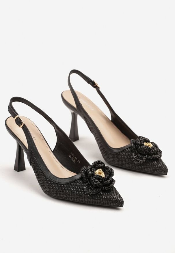 Born2be - Czarne Plecione Sandały Slingback na Szpilce Zdobione Kwiatową Aplikacją Willifia. Okazja: na co dzień. Zapięcie: pasek. Kolor: czarny. Materiał: jeans. Wzór: aplikacja, kwiaty. Obcas: na szpilce. Styl: casual