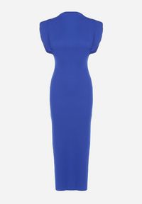 Born2be - Granatowa Dopasowana Sukienka z Krótkim Rękawem i Poduszkami na Ramionach z Rozcięciem Fionella. Kolor: niebieski. Długość rękawa: krótki rękaw. Styl: elegancki #7