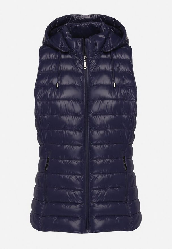 Born2be - Granatowa Klasyczna Pikowana Kamizelka na Suwak z Kapturem Mivora. Okazja: do pracy, na co dzień. Typ kołnierza: kaptur. Kolor: niebieski. Materiał: jeans. Styl: klasyczny