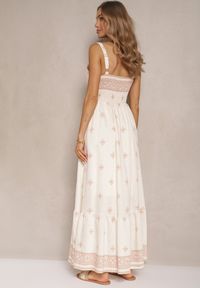 Renee - Beżowa Sukienka z Wiskozą o Rozkloszowanym Kroju na Ramiączkach w Boho Print Leaella. Okazja: na co dzień. Typ kołnierza: dekolt kwadratowy. Kolor: beżowy. Materiał: wiskoza. Długość rękawa: na ramiączkach. Wzór: nadruk. Typ sukienki: rozkloszowane. Styl: boho #5