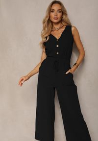 Renee - Czarny Komplet z Bawełny Bluzka z Guzikami Szerokie Spodnie z Gumką w Talii Floricella. Kolor: czarny. Materiał: bawełna. Wzór: aplikacja #5