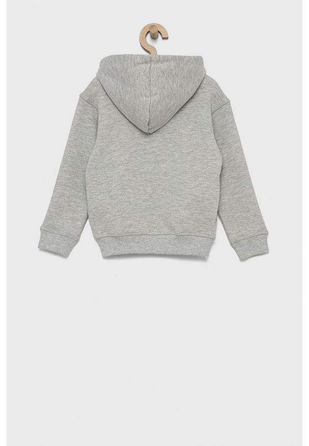 Guess Bluza dziecięca kolor szary z kapturem gładka. Okazja: na co dzień. Typ kołnierza: kaptur. Kolor: szary. Materiał: dzianina. Wzór: gładki. Styl: casual