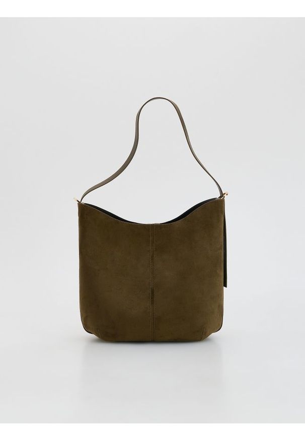 Reserved - Torebka shopper z imitacji zamszu - ciemnozielony. Kolor: zielony. Materiał: zamszowe