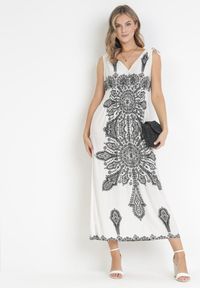 Born2be - Biała Sukienka w Stylu Boho z Gumką w Talii i Sznurkami przy Ramionach Niree. Kolor: biały. Styl: boho #5