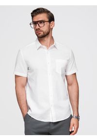 Ombre Clothing - Męska koszula z lnu i bawełny z krótkim rękawem i kieszonką – złamana biel V1 - Rozmiar: L. Materiał: bawełna, len. Długość rękawa: krótki rękaw. Długość: krótkie. Sezon: lato #1