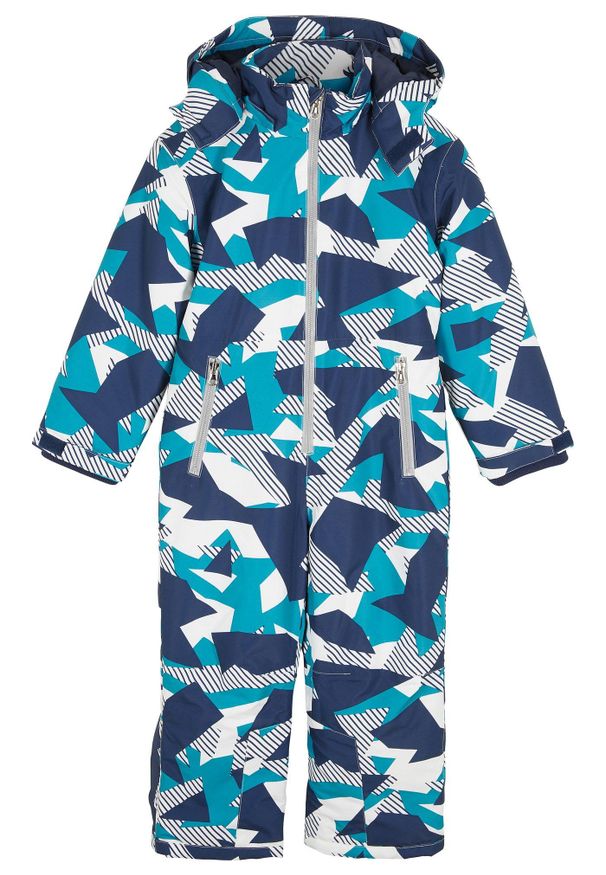 bonprix - Ciepły kombinezon zimowy z odpinanym kapturem. Kolor: niebieski. Wzór: nadruk. Sezon: zima