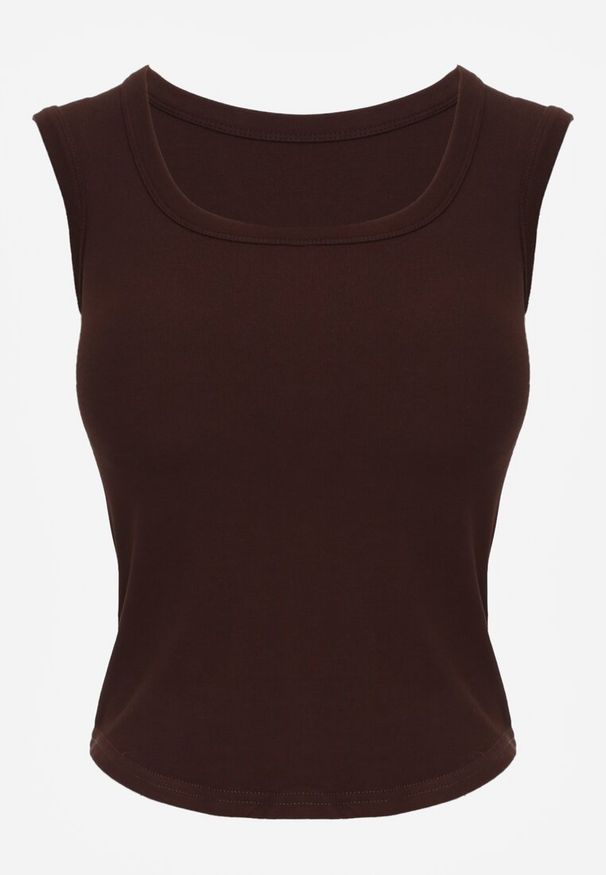 Renee - Brązowy Wiskozowy Top Dopasowany z Kwadratowym Dekoltem Bez Rękawów Bilincja. Okazja: na co dzień. Typ kołnierza: dekolt kwadratowy. Kolor: brązowy. Materiał: wiskoza. Długość rękawa: bez rękawów. Styl: casual