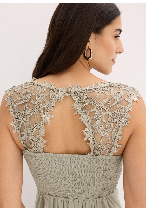 bonprix - Sukienka mini z koronką. Kolor: zielony. Materiał: koronka. Wzór: koronka. Styl: elegancki. Długość: mini