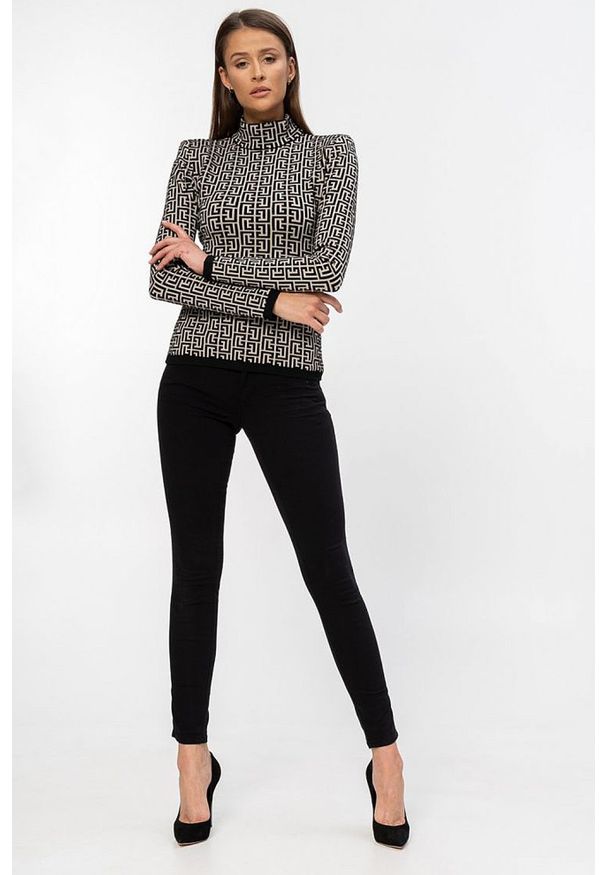 Balmain - BALMAIN Damska bluzka z golfem w czarny monogram, Rozmiar 36. Typ kołnierza: golf. Kolor: beżowy. Materiał: dzianina. Długość rękawa: długi rękaw. Długość: długie