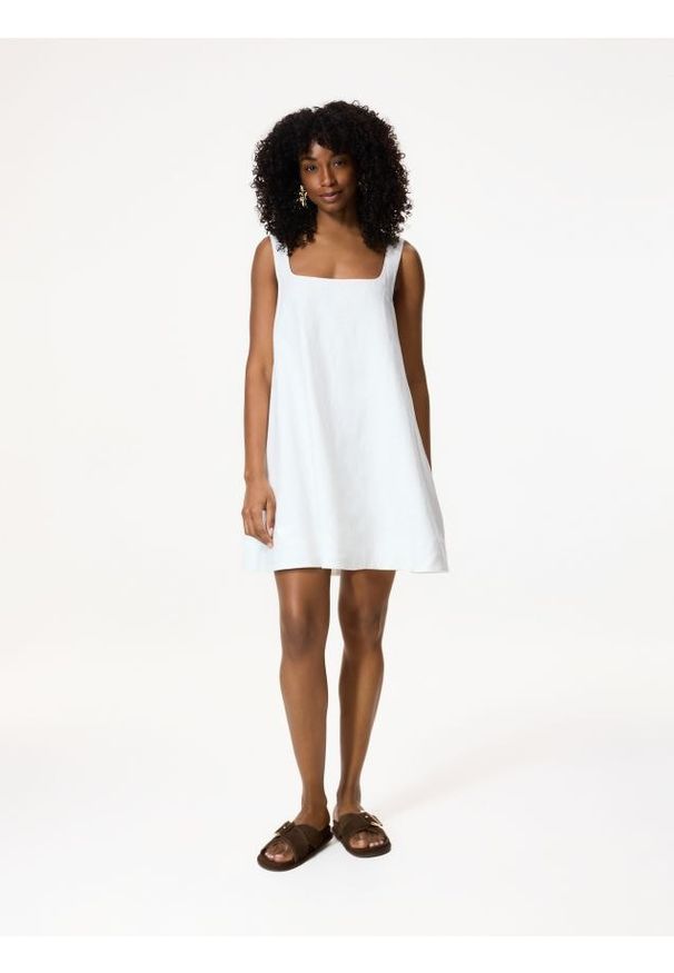 Reserved - Lniana sukienka mini - biały. Kolor: biały. Materiał: len. Długość: mini
